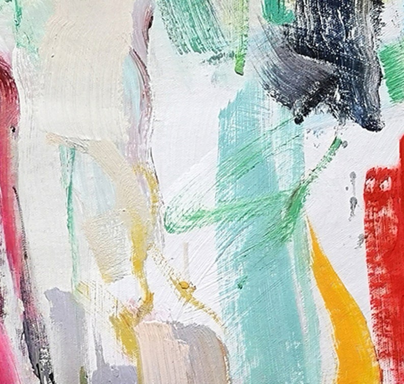 Puede incluir: Una pintura abstracta con pinceladas gruesas y texturizadas en una paleta vibrante de rojo, amarillo, verde azulado, verde, negro y blanco. La composici&oacute;n muestra aplicaciones de pintura en capas con t&eacute;cnicas de empaste visibles y trazos direccionales variados.