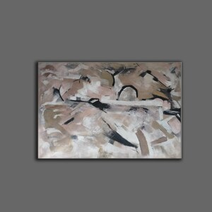 May include: Abstract painting with a mix of brown, beige, white, and black paint. The painting has a textured surface and a modern style.