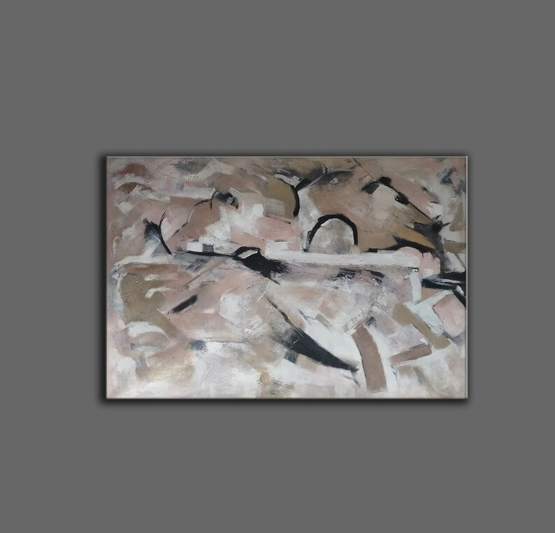 May include: Abstract painting with a mix of brown, beige, white, and black paint. The painting has a textured surface and a modern style.
