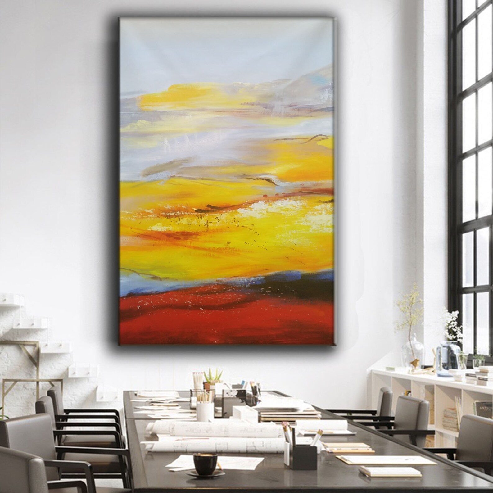 Oversize Painting Yellow Abstract Painting Yellow And White Etsy