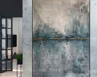 Original large blue abstract oil painting with rich texture and modern wall art style, artwork SN565