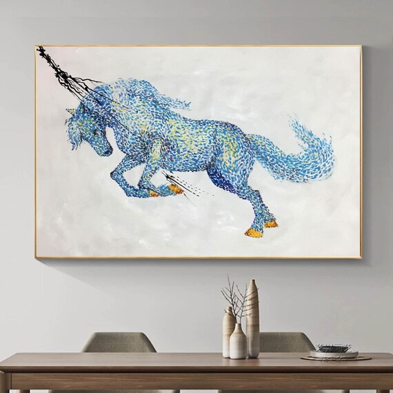 Large Abstract Horse Art: Equestrian Wall Art Colorful Blue Yellow Dynamic Canvas Painting SN181