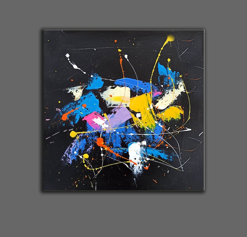 May include: Abstract painting with splashes of blue, yellow, pink, orange, and white paint on a black background.