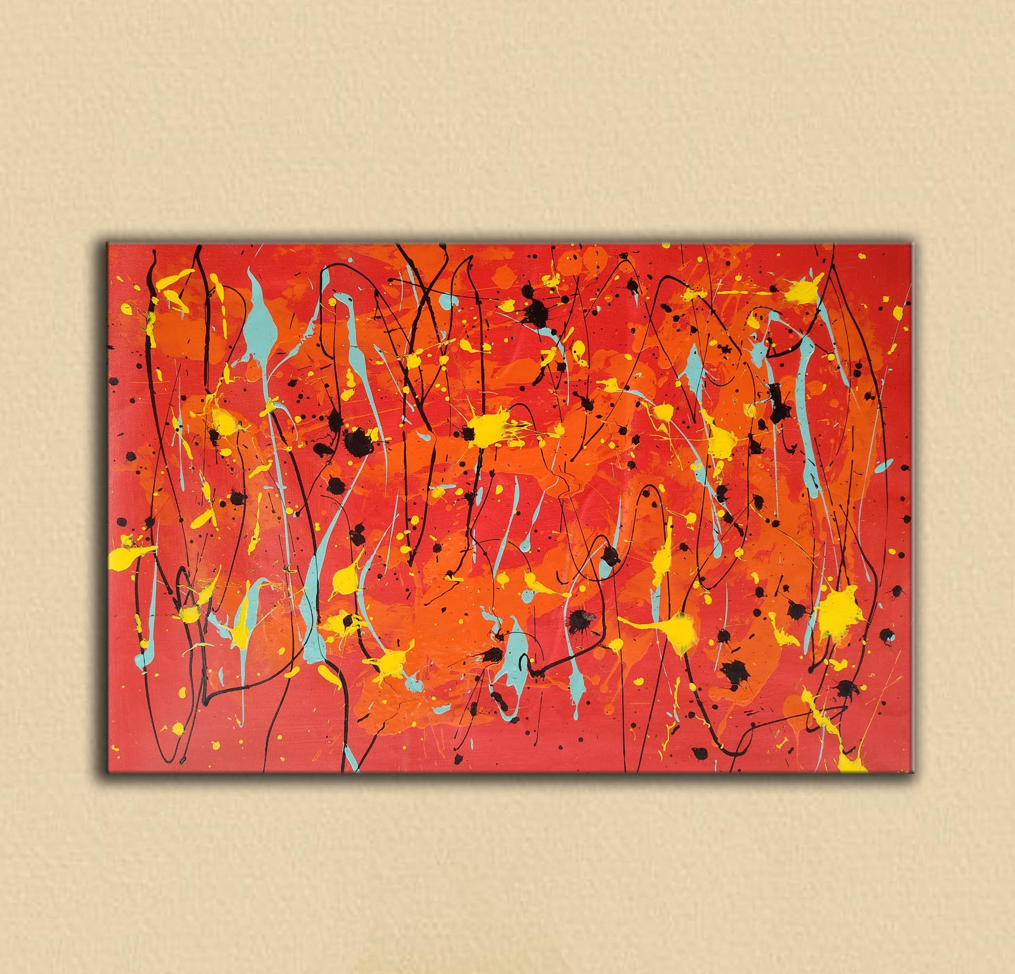 Large Red Jackson Pollock Style Wall Art, Red Statement Piece