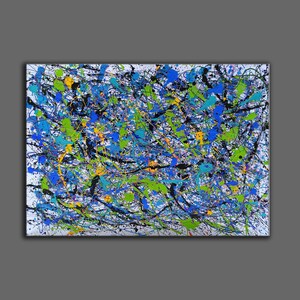May include: Abstract painting with a white background and splashes of blue, green, yellow, and black paint.