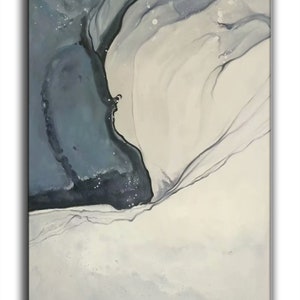 May include: Abstract painting with swirling shades of gray and white. The painting features a large, dark gray shape on the left side of the canvas, with lighter gray and white shapes swirling around it.