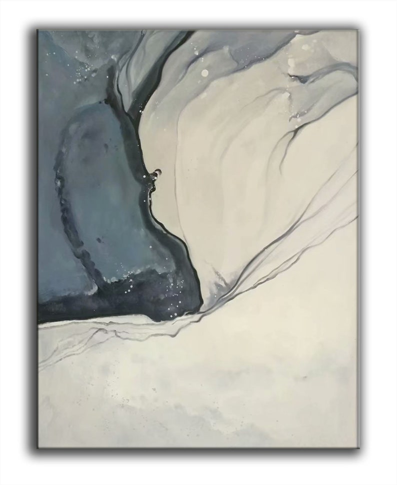 May include: Abstract painting with swirling shades of gray and white. The painting features a large, dark gray shape on the left side of the canvas, with lighter gray and white shapes swirling around it.