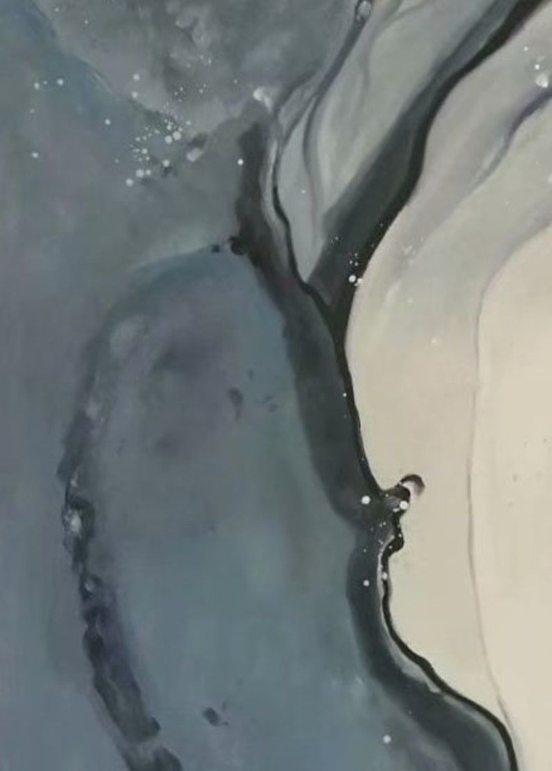 May include: Abstract painting with swirling blue, gray, and black paint. The colors blend together to create a sense of movement and depth.
