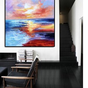 Sunset Ocean Seascape, Large Pink Orange Yellow Abstract Canvas Wall ArtSN219 image 5
