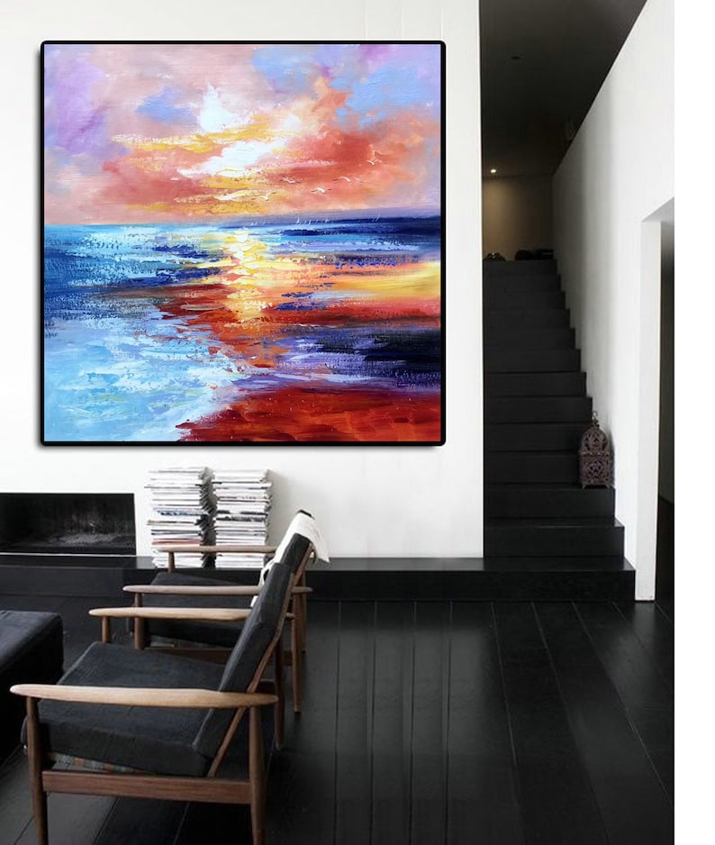 Sunset Ocean Seascape, Large Pink Orange Yellow Abstract Canvas Wall ArtSN219 image 5