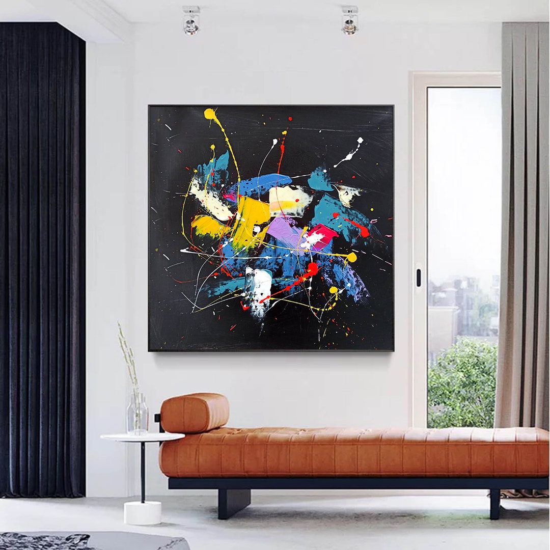 Large Black Abstract Wall Art, Expressionism Painting, Blue Yellow ...