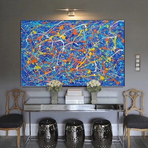 Jackson Pollock Style Paintings On Canvas, Large Modern Wall Art Painting, Blue Painting, Large blue abstract art, Abstract wall art SN133