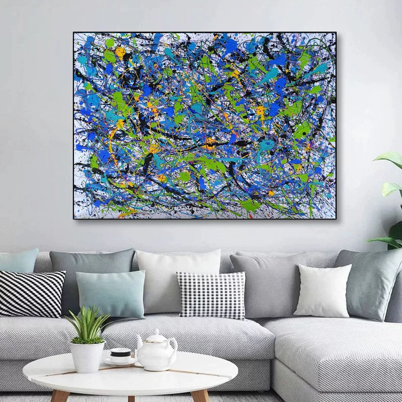 May include: Abstract painting with a white background and splashes of blue, green, black, and yellow paint.