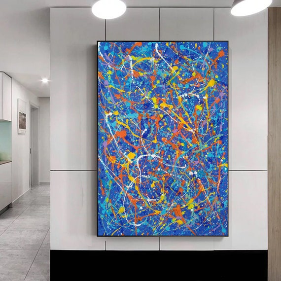 表現主義抽象絵画、ブルーポーリング絵画、特大絵画、抽象キャンバス