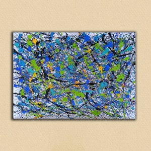 May include: Abstract painting with a white background and splashes of blue, green, yellow, and black paint.