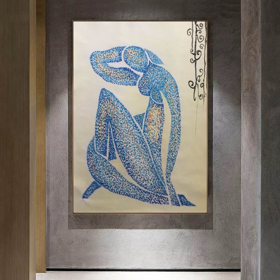 大きな青いヌード抽象油絵：マティスにインスパイアされた特大の点描