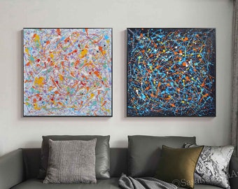 Pintura colorida Pintura abstracta de gran tamaño Conjunto original de 2 pinturas sobre lienzo Arte abstracto moderno Arte de pared contemporáneo SN521