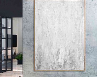 Large White and Grey Abstract Painting, Modern Minimalist Neutral Wall Art SN505
