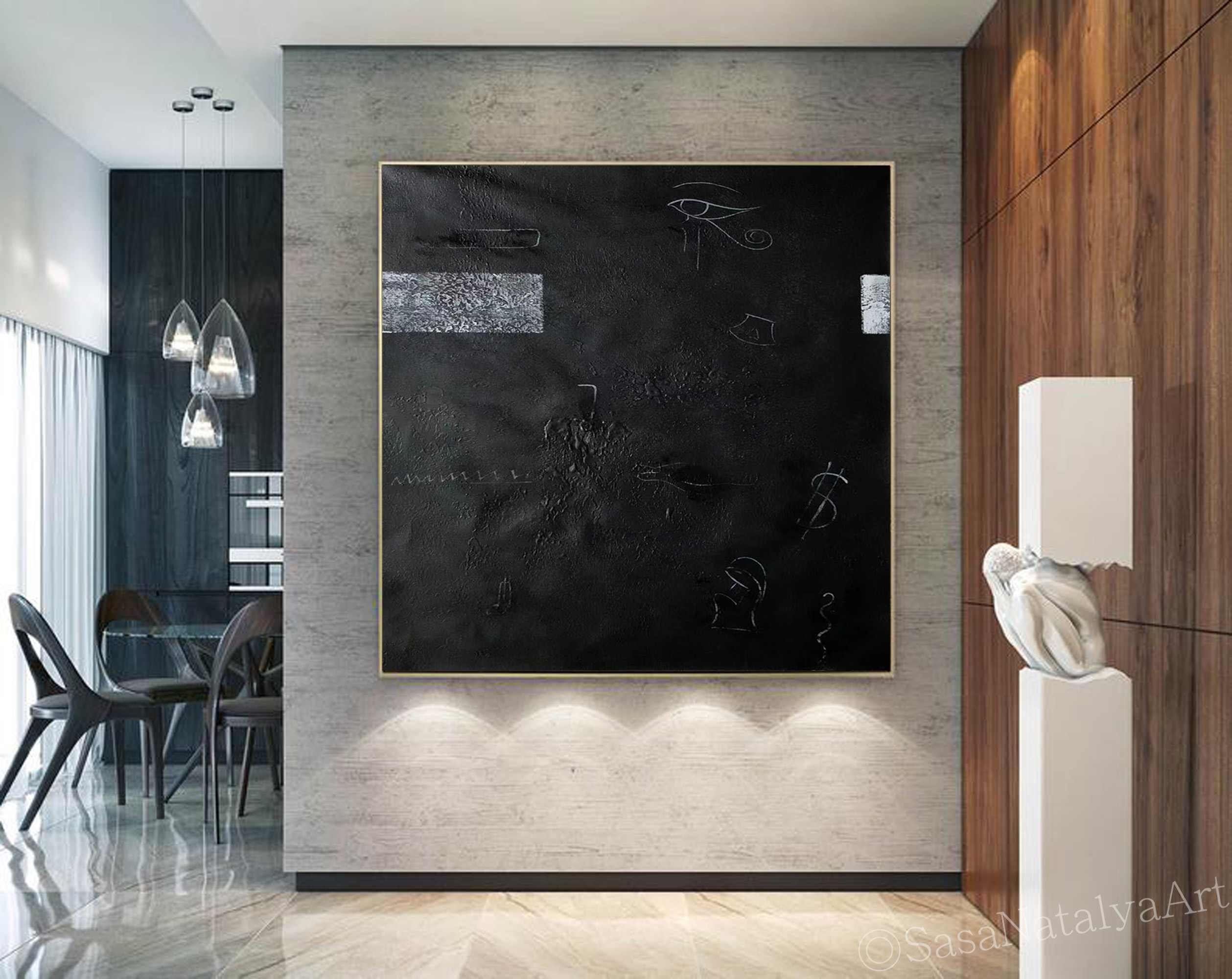 特大の黒い抽象画ウォールアート、白いアクセントの大きな黒い絵画