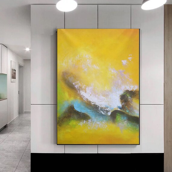 黄色の抽象画、オフィスの壁画、鮮やかな黄色の絵画、油絵の抽象画