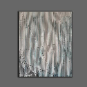May include: Abstract painting with a textured surface. The painting features a pattern of vertical stripes in shades of blue and white, with a subtle hint of brown. The stripes are slightly wavy, creating a sense of movement. The painting is framed in a simple black frame.