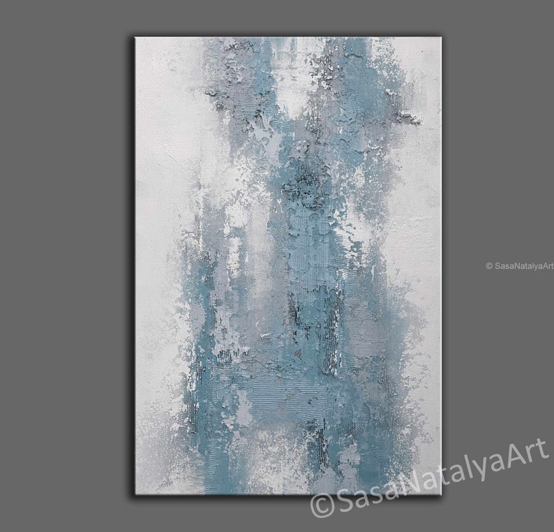 Large Oil Painting Textured Abstract Wall Art, Neutral Blue Wall Decor ...