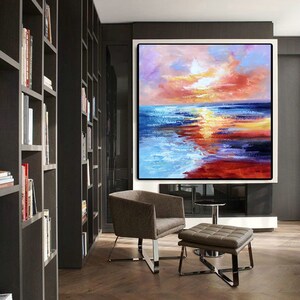 Sunset Ocean Seascape, Large Pink Orange Yellow Abstract Canvas Wall ArtSN219 image 7