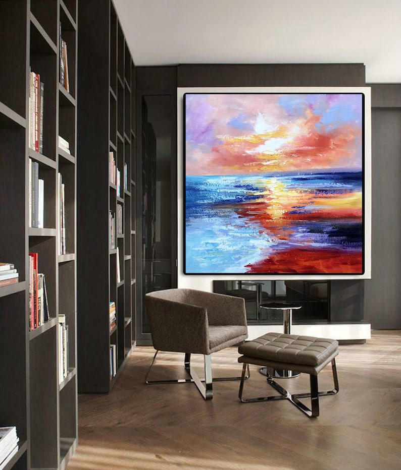 Sunset Ocean Seascape, Large Pink Orange Yellow Abstract Canvas Wall ArtSN219 image 7