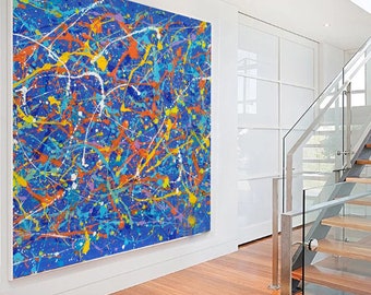 May include: Abstract painting with a blue background and splashes of yellow, orange, white, and turquoise paint.