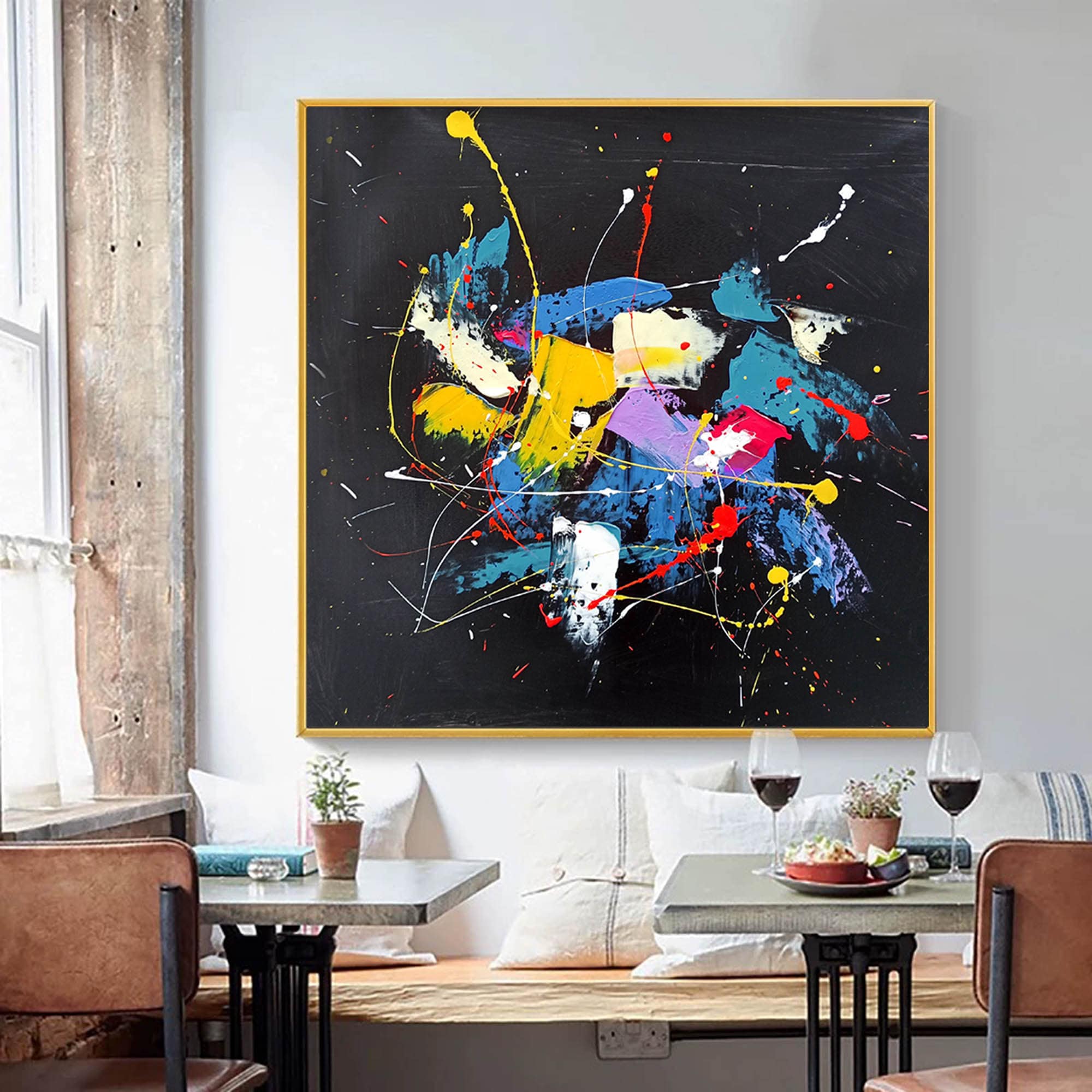 Large Black Abstract Wall Art, Expressionism Painting, Blue Yellow ...