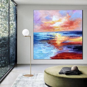 Sunset Ocean Seascape, Large Pink Orange Yellow Abstract Canvas Wall ArtSN219 image 10
