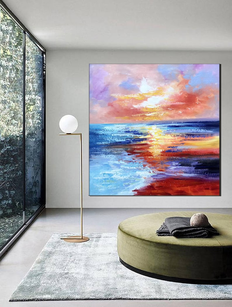 Sunset Ocean Seascape, Large Pink Orange Yellow Abstract Canvas Wall ArtSN219 image 10
