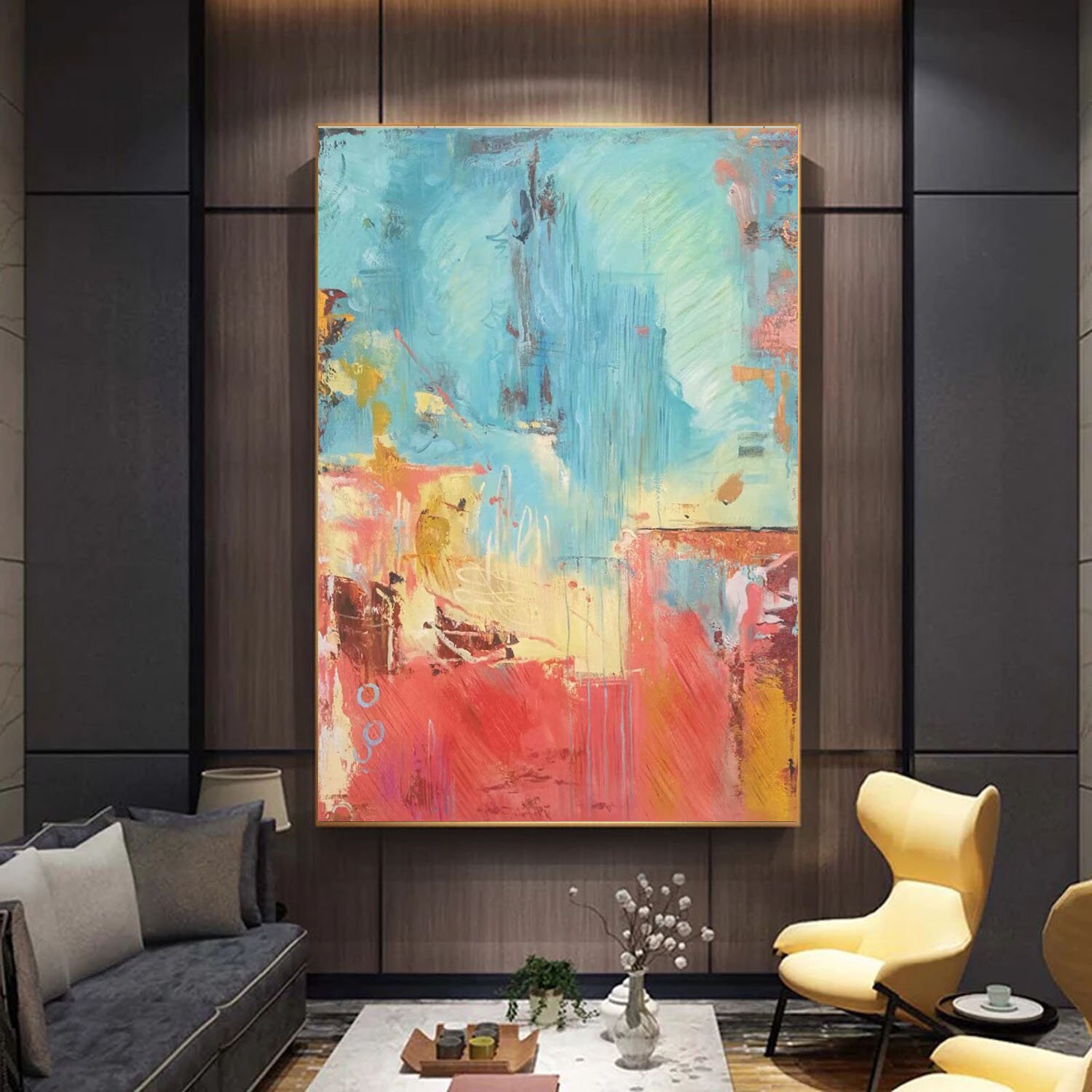 モダンでカラフルなウォールアート：鮮やかな赤、青、黄、白の抽象画