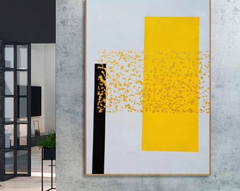 May include: Abstract art painting with a black vertical stripe and a yellow rectangle on a white background. The yellow rectangle has a textured, speckled effect.