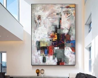 May include: Abstract painting with a white background and colorful geometric shapes in shades of red, blue, yellow, green, and black.