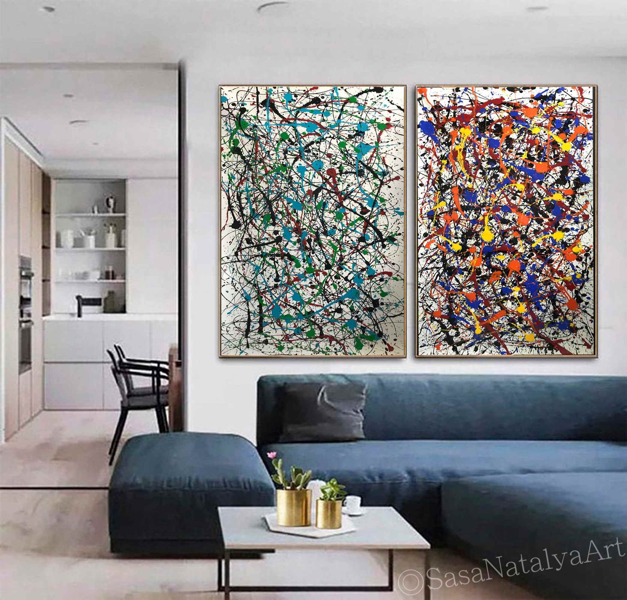 【bon】大きな壁掛け画2点セット 大型絵画 2 点セット、壁アート 2 点セット、大型抽象絵画、ジャクソン
