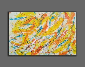 Large Yellow Abstract Painting: Original Drip Style Textured