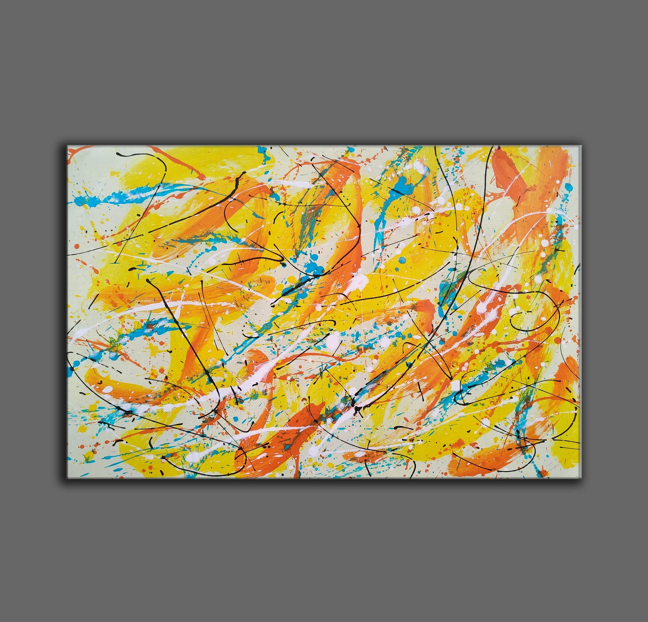 Large Yellow Abstract Painting: Original Drip Style Textured
