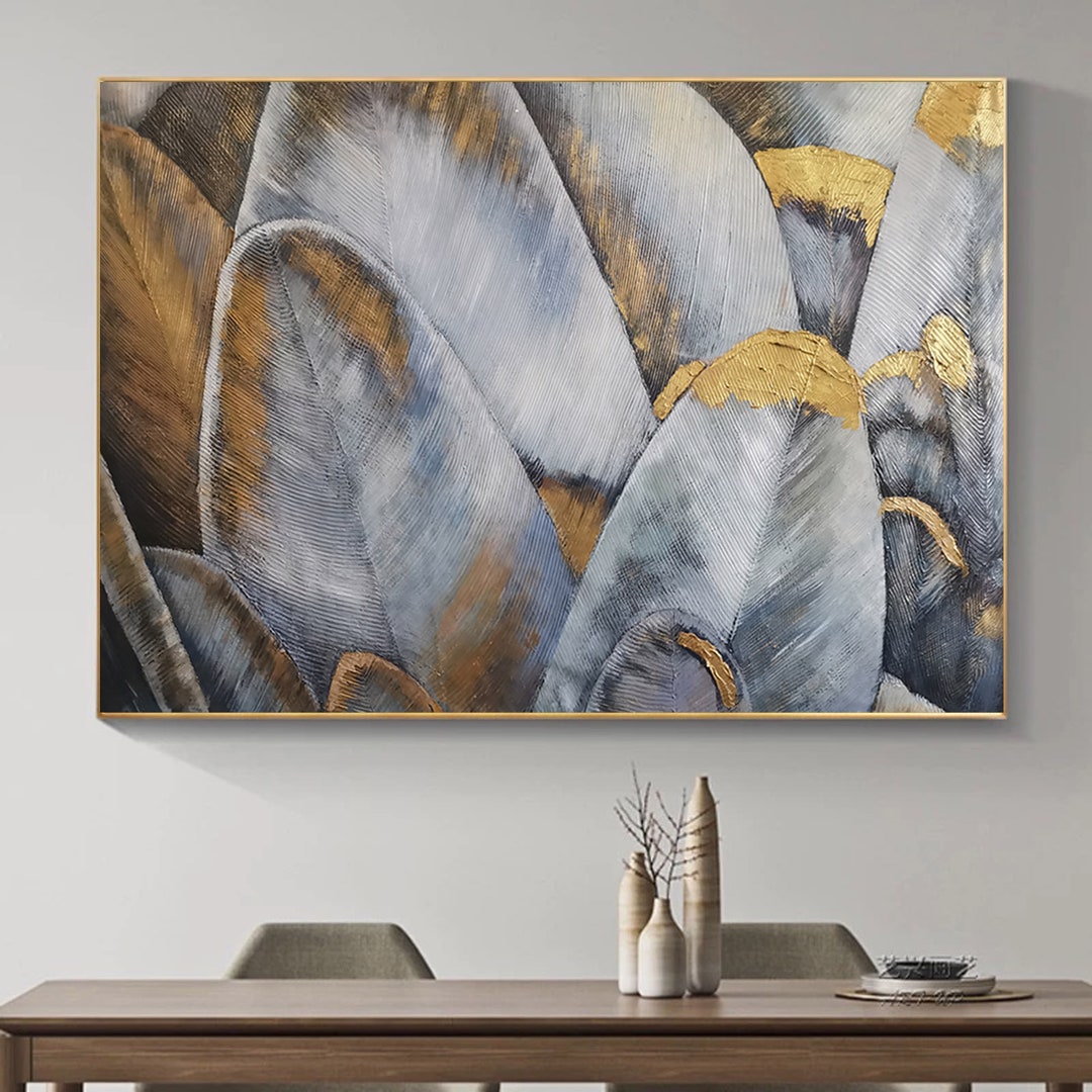 Gold Abstract Leaf Painting: Large Modern Canvas Wall Art for Living ...
