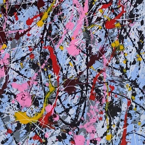 Puede incluir: Pintura abstracta con fondo azul y salpicaduras de pintura roja, amarilla, rosa, blanca y negra.