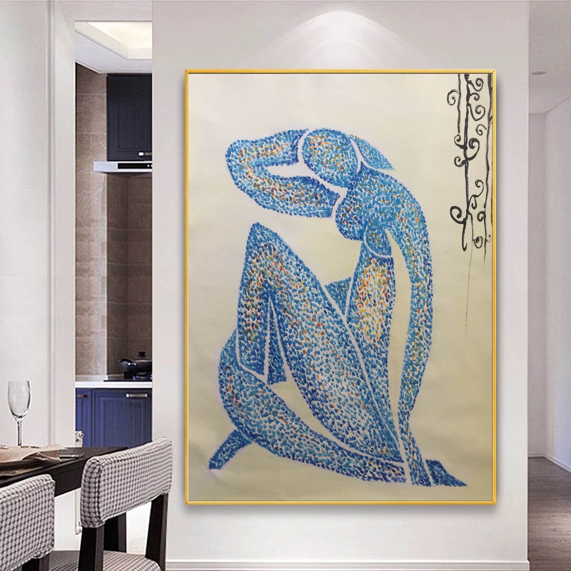 大きな青いヌード抽象油絵：マティスにインスパイアされた特大の点描