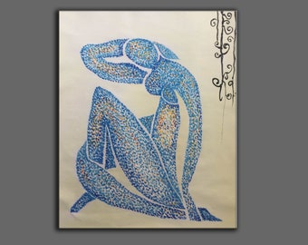 大きな青いヌード抽象油絵：マティスにインスパイアされた特大の点描