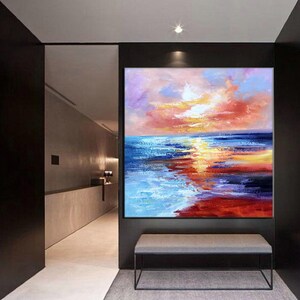 Sunset Ocean Seascape, Large Pink Orange Yellow Abstract Canvas Wall ArtSN219 image 9