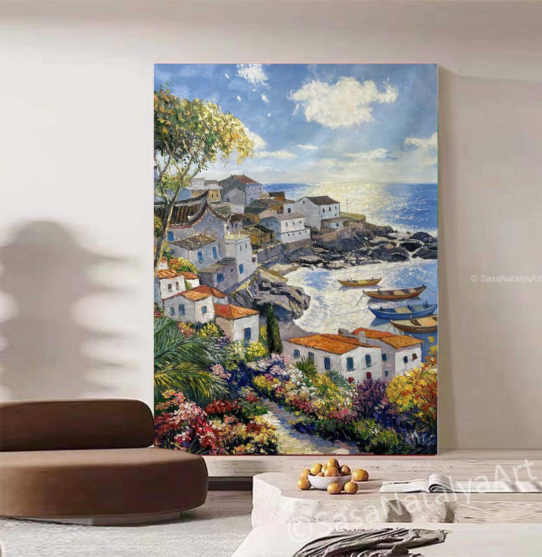 Mediterranean Coastal Landscape Painting, Colorful Seaside Village Wall ...