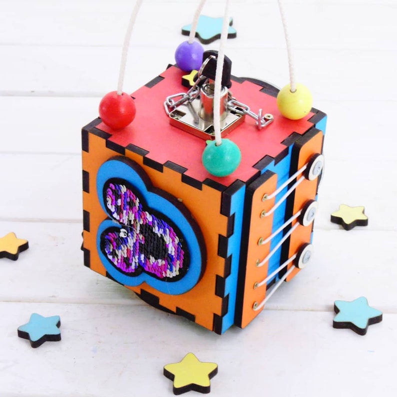 Busy board 1 year old boy gift granddaughter baptism girl first birthday sensory box activity cube montessori toddler travel toy personalize