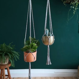 Puede incluir: Dos maceteros colgantes de macram&eacute; grises con borlas que cuelgan del techo contra una pared verde oscuro. Un macetero sostiene una maceta de terracota con una planta verde, y el otro sostiene una maceta de metal dorado con un peque&ntilde;o cactus.