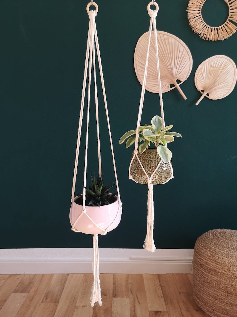 Puede incluir: Dos maceteros colgantes de macram&eacute; con anillos de madera, cada uno con una planta en maceta. Los maceteros est&aacute;n hechos de cuerda de algod&oacute;n natural y tienen borlas largas. Las plantas est&aacute;n en macetas de cer&aacute;mica rosa y verde.