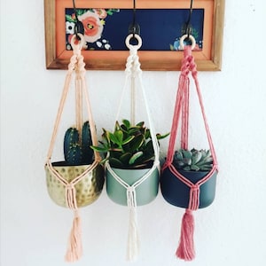 Puede incluir: Tres colgadores de plantas de macramé con macetas de diferentes colores y borlas. Las macetas contienen varias suculentas y cactus. El macramé es en tonos de rosa, blanco y rosa oscuro. Las macetas son doradas, verdes y azul oscuro.
