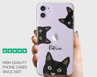 May include: A clear phone case with a lavender background featuring three black cats. The case has a cutout for the camera lens and a white Apple logo. The name "Patricia" is printed on the case in black.