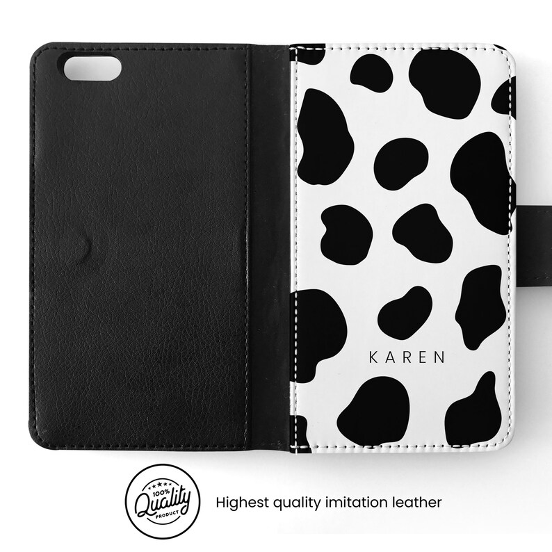Iphone Wallet Leather Flip Phone Case Cow Pattern With Name Etsy